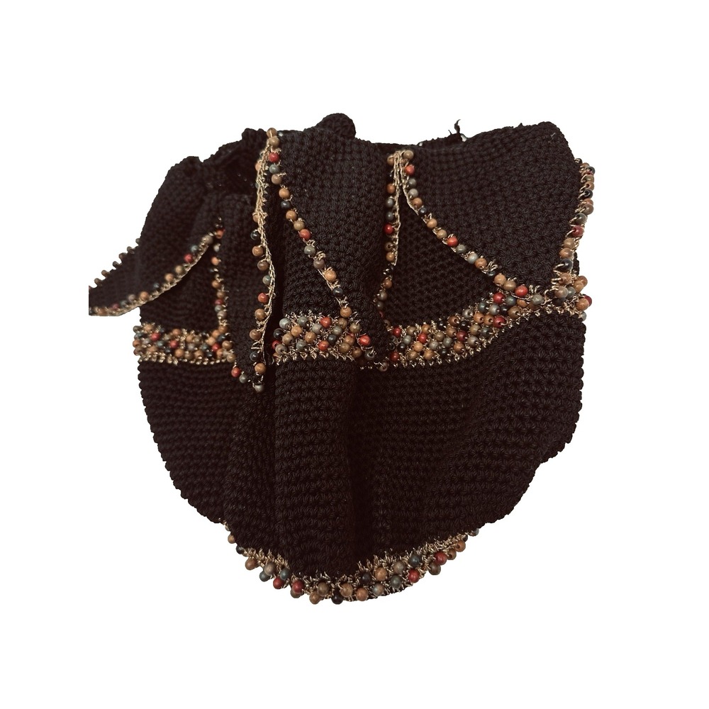 Vintage Crochet Drawstring Purse Black Beaded Bucket Bag Boho Festival Artisan